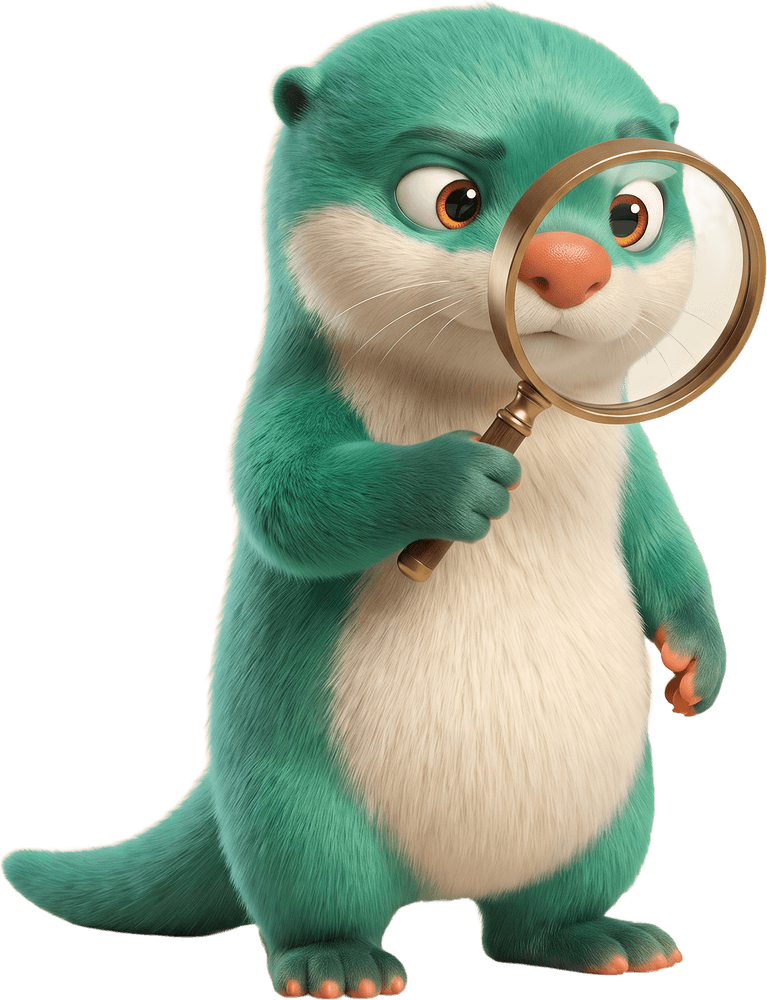 SPOTTER the otter, inspecting the ledger through a magnifying glass